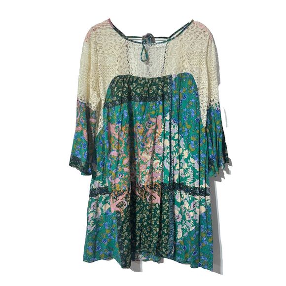 Umgee Womens Crochet Blouse Top Multicolor Large Patchwork Print Boho Tunic NWT - Picture 1 of 7